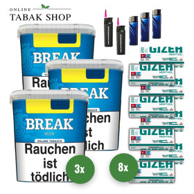 3x Break Blau Tabak Eimer 185g + 1600 GIZEH Menthol Hülsen + 3 Feuerzeuge + 2 Sturmfeuerzeuge