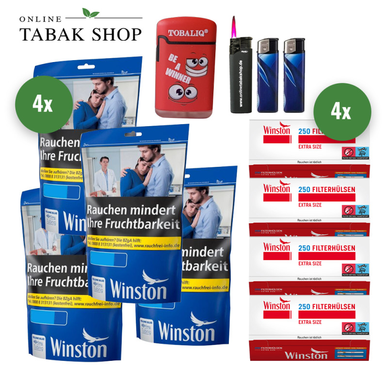WINSTON Blue Volumentabak (4 x 105g) + 4x 250 Winston Extra Hülsen +1 Sturmfeuerzeug + 2 Feuerzeuge + 1 Winston Sturmfeuerzeug