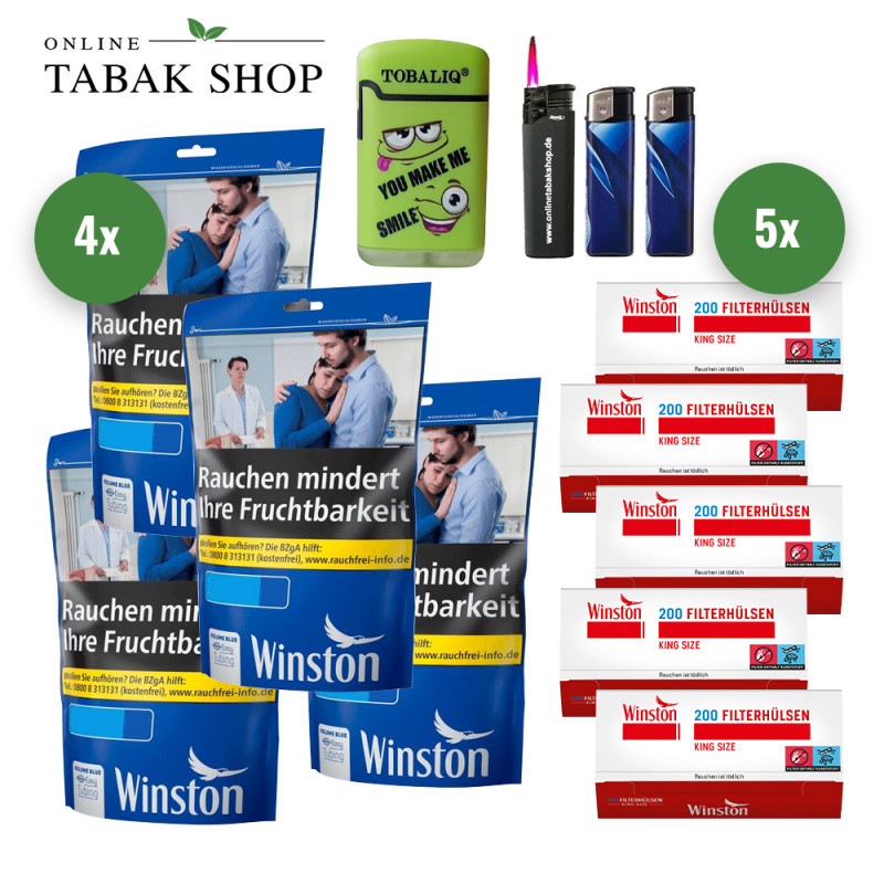 WINSTON Blue Volumentabak (4 x 105g) + 5x 200 Winston Hülsen +1 Sturmfeuerzeug + 2 Feuerzeuge + 1 Winston Sturmfeuerzeug