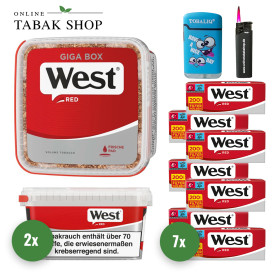 West Red Giga Volumentabak (2 x 160g) + West Red Hülsen (Special o. Normal)  + Sturmfeuerzeug + 1 TobaliQ Happy Smile Feuerzeug