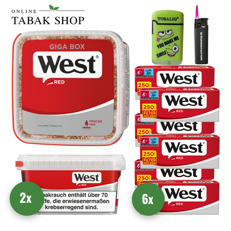 West Red Giga Volumentabak (2 x 170g) + 6x250 West Red Hülsen + Sturmfeuerzeug + 1 TobaliQ Happy Smile Feuerzeug