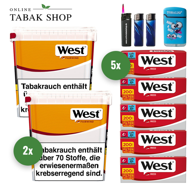 West Yellow Volumen Tabak (2 x 245g) + 1.000 West Red Hülsen + 1 Sturmfeuerzeug + 2 Feuerzeuge + 1 TobaliQ Happy Smile Feuerzeug