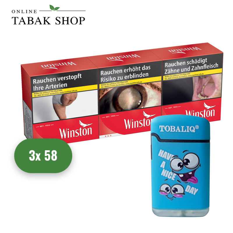 Winston Rot / Red BP 6XL (3 x 60er) + TobaliQ Happy Smile Feuerzeug