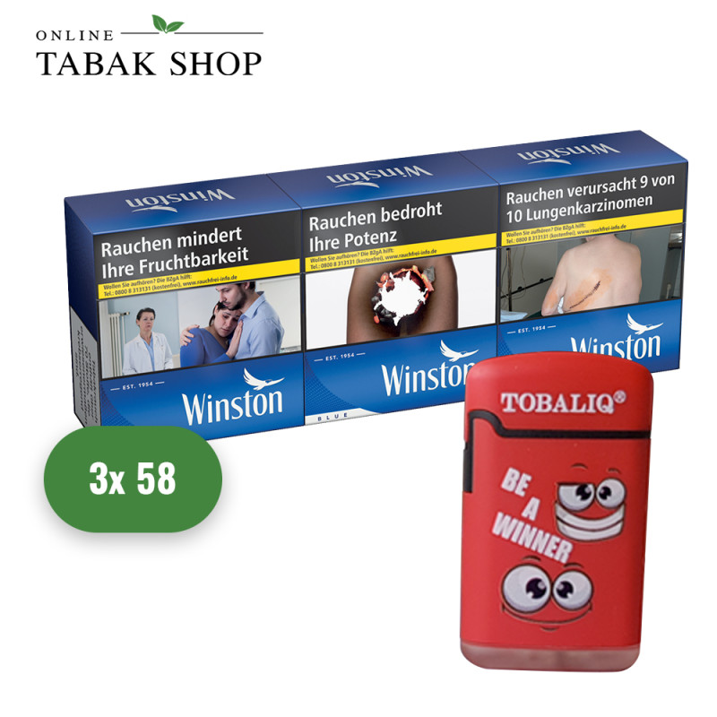 Winston Blue [Blau] Zigaretten "6XL" (3 x 58er) + 1 TobaliQ Happy Smile Feuerzeug