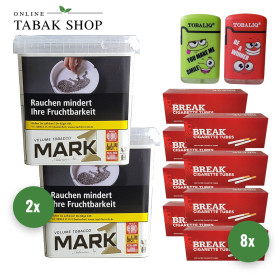 2x Mark Adams No.1 Gold Volumentabak 400g + 1600 Hülsen (wählbar) + 2 TobaliQ Happy Smile Feuerzeuge