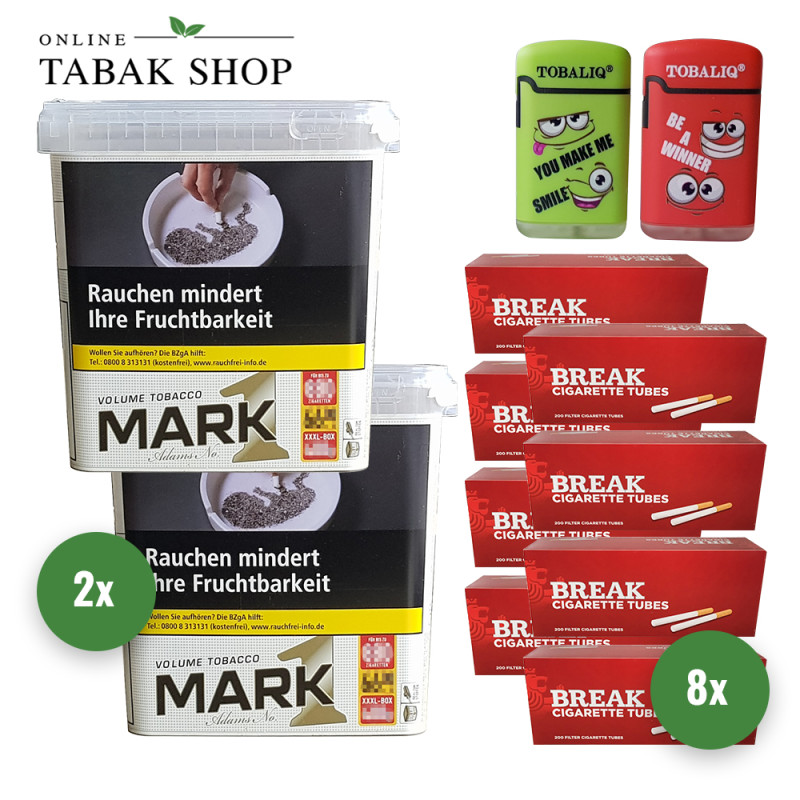 Mark Adams No.1 Gold Volumentabak (2 x 400g) + 8x200 Break Hülsen + 2 TobaliQ Happy Smile Motiv Feuerzeuge