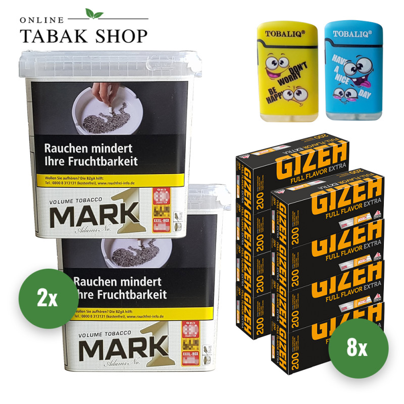 Mark Adams No.1 Gold Volumentabak (2 x 400g) + 8x200 Gizeh Full Flavor Extra Hülsen + 2 TobaliQ Happy Smile Motiv Feuerzeuge