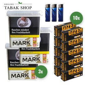 3x Mark 1 Adams Gold Volumentabak 400g + 2000 Gizeh Full Flavor Extra Hülsen + 3 Feuerzeuge