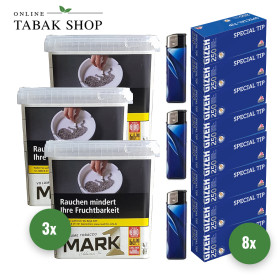 3x Mark 1 Adams Gold Volumentabak 400g + 2000 GIZEH Special Tip Hülsen + 3 Feuerzeuge