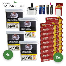 4x Mark Adams 1 Gold Volumentabak 400g + 3000 Break Plus Hülsen + 2 Sturmfeuerzeuge + 2 Feuerzeuge + 1 Gizeh Etui + 1 Drehascher