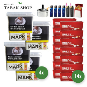 4x Mark 1 Gold Volumentabak  400g + 2800 Break Hülsen + 2 Sturmfeuerzeuge + 4 Feuerzeuge + 1 Gizeh Etui + 1 Drehascher 9cm