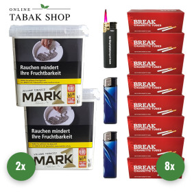 2x Mark Adams 1 Gold Volumentabak 400g + 1600 Break Hülsen + 1 Sturmfeuerzeug + 2 Feuerzeuge