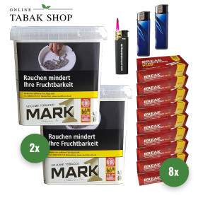2x Mark Adams 1 Gold Volumentabak 400g + 1600 Break Plus Hülsen + 1 Sturmfeuerzeug + 2 Feuerzeuge