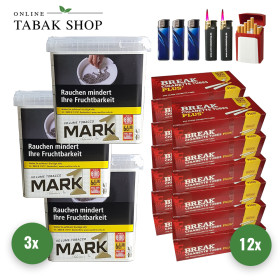 3x Mark Adams 1 Gold Volumentabak 400g + 2400 Break Plus Hülsen + 2 Sturmfeuerzeuge + 3 Feuerzeuge + 1 Gizeh Etui