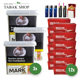 3x Mark 1 Gold Volumentabak 400g + 2400 Break Hülsen + 2 Sturmfeuerzeug + 3 Feuerzeuge + 1 Gizeh Etui