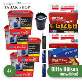 4x Winston Tabak Rot Eimer 250g + 2000 Hülsen (wählbar) + 1 Sturmfeuerzeug + 2 Feuerzeuge + Coney KFZ-Ascher