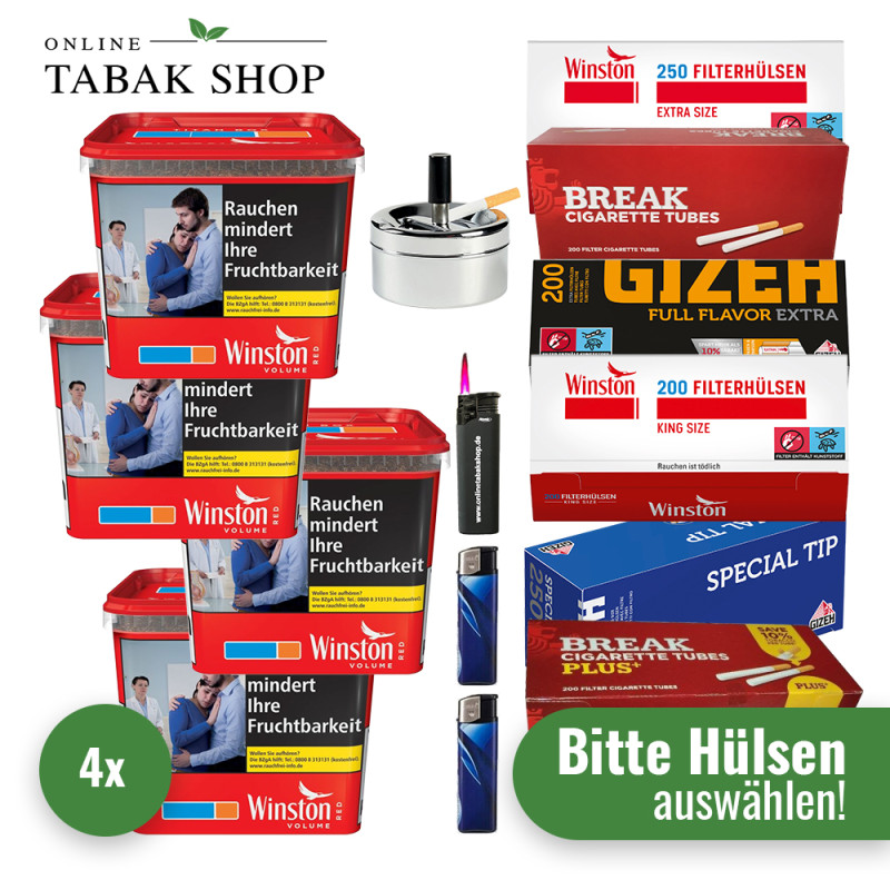 4x Winston Tabak Rot 250g Eimer + 2000 Hülsen (Sorte wählbar) + 1 Sturmfeuerzeug + 2 Feuerzeuge + Aschenbecher Chrom 9cm