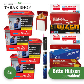 4x Winston Tabak Rot Eimer 250g + 2000 Hülsen (Sorte wählbar) + 1 Sturmfeuerzeug + 2 Feuerzeuge + Gizeh Etui