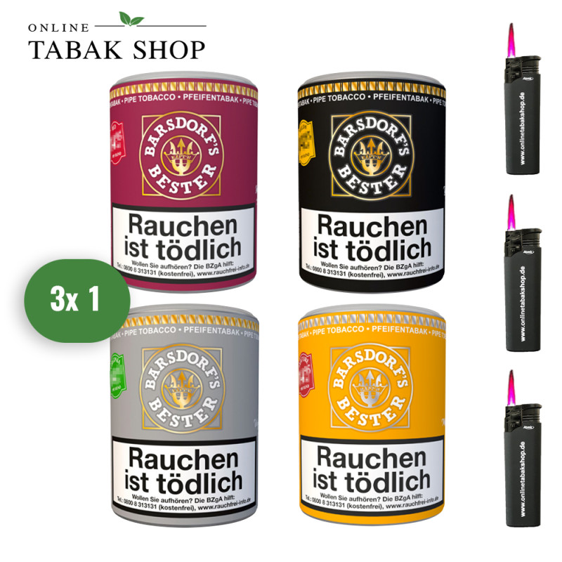 Käpt'n Barsdorf's Bester Pfeifentabak nach Wahl (3 x 160g) + 3 Sturmfeuerzeuge