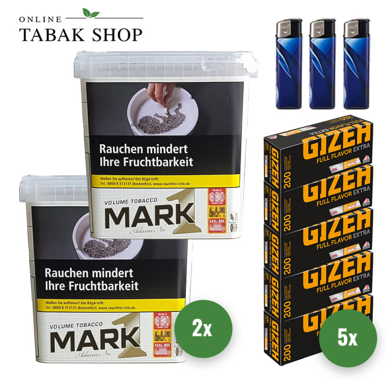 Mark Adams 1 Gold Volumentabak (2 x 400g) + 1.000 Gizeh Full Flavor Extra Hülsen + 3 Feuerzeuge