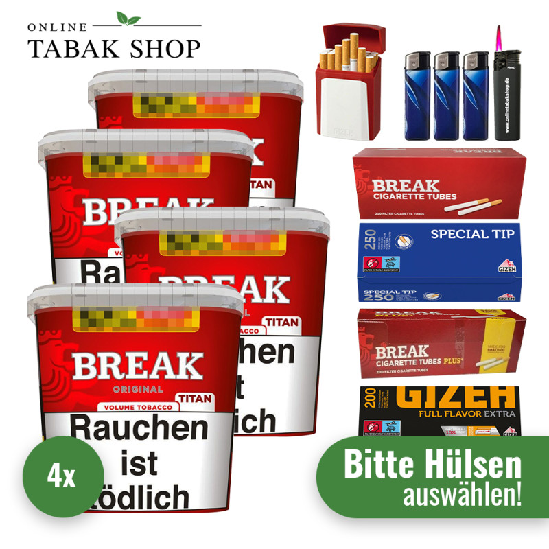 Break Original Titan (4 x 300g) + 2.000 Hülsen + 1 Sturmfeuerzeug + 3 Feuerzeuge + 1 Gizeh Etui