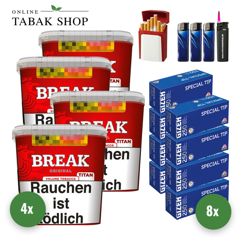 Break Original Titan (4 x 300g) + 2.000 Gizeh Special Tip Hülsen + 1 Sturmfeuerzeug + 3 Feuerzeuge + 1 Gizeh Etui
