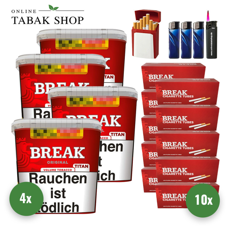 Break Original Titan (4 x 300g) + 2.000 Break Hülsen + 1 Sturmfeuerzeug + 3 Feuerzeuge + 1 Gizeh Etui