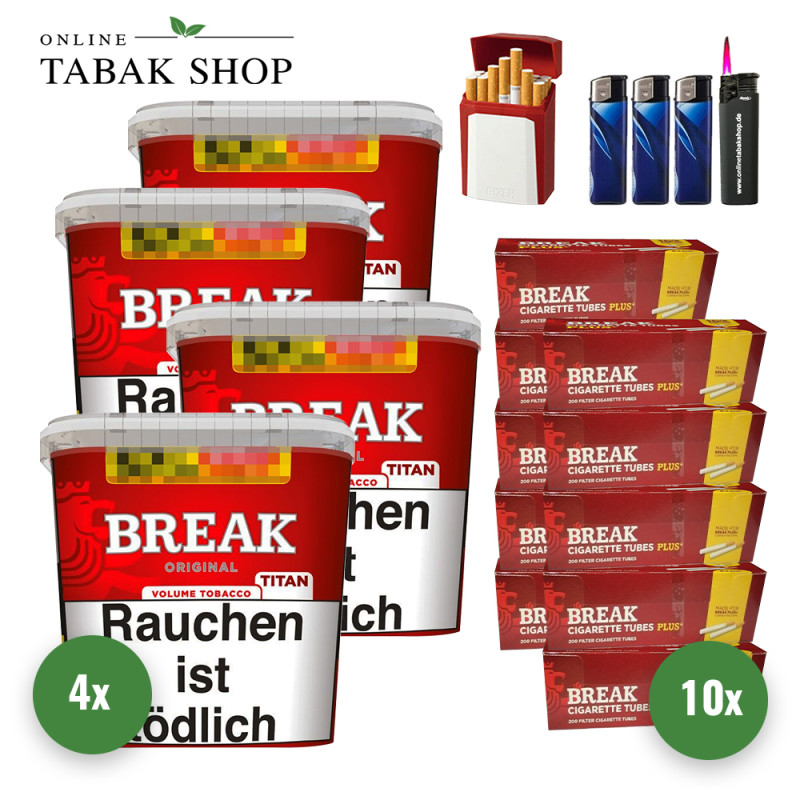 Break Original Titan (4 x 300g) + 2.000 Break Plus Hülsen + 1 Sturmfeuerzeug + 3 Feuerzeuge + 1 Gizeh Etui