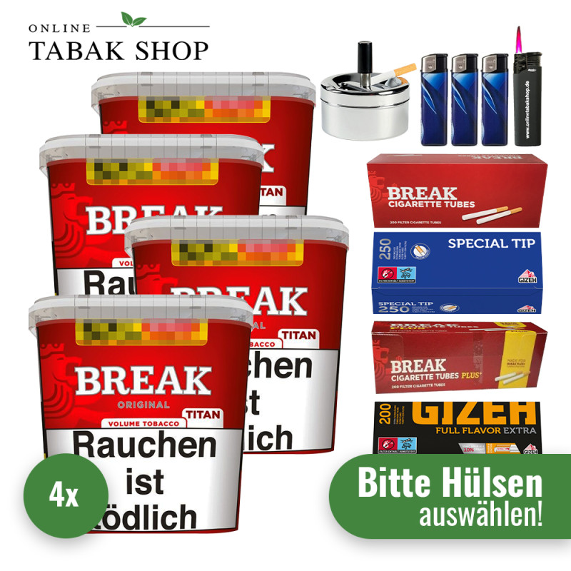 Break Original Titan (4 x 300g) + 2.000 Hülsen + 1 Sturmfeuerzeug + 3 Feuerzeuge + 1 Drehascher