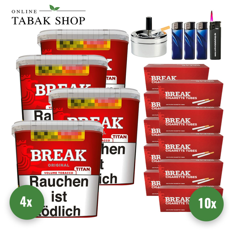 Break Original Titan (4 x 300g) + 2.000 Break Hülsen + 1 Sturmfeuerzeug + 3 Feuerzeuge + 1 Drehascher