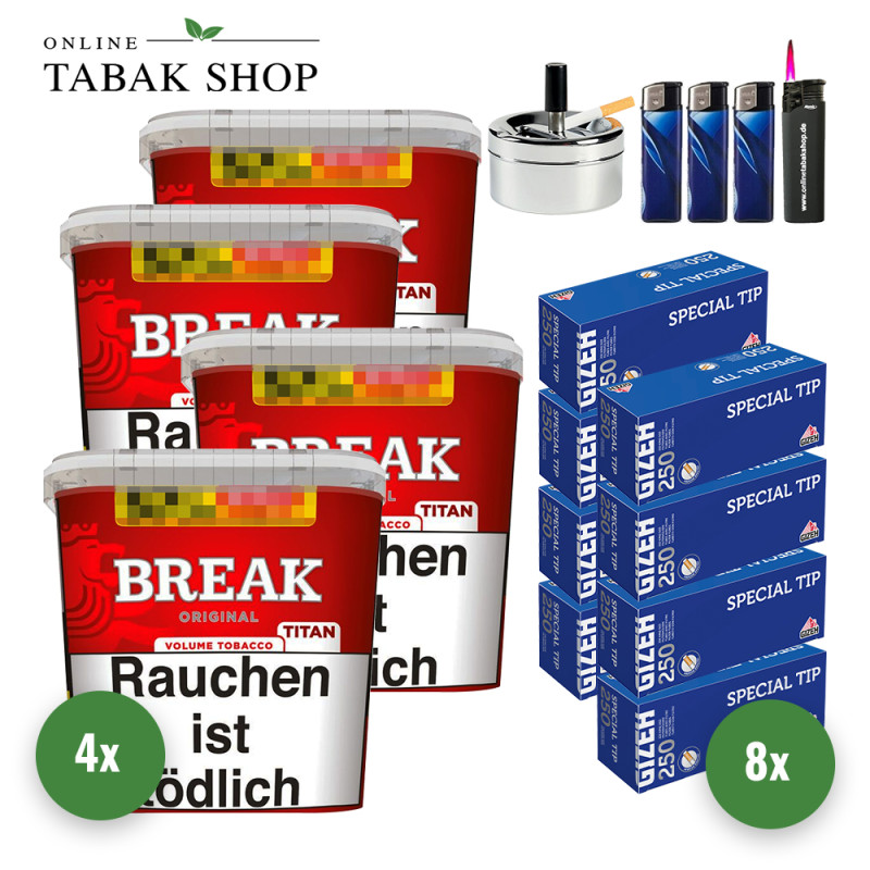 Break Original Titan (4 x 300g) + 2.000 Gizeh Special Tip Hülsen + 1 Sturmfeuerzeug + 3 Feuerzeuge + 1 Drehascher