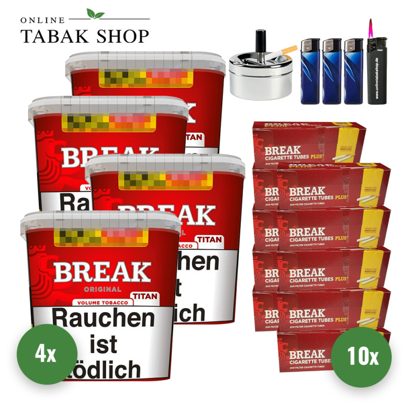 Break Original Titan (4 x 300g) + 2.000 Break Plus Hülsen + 1 Sturmfeuerzeug + 3 Feuerzeuge + 1 Drehascher