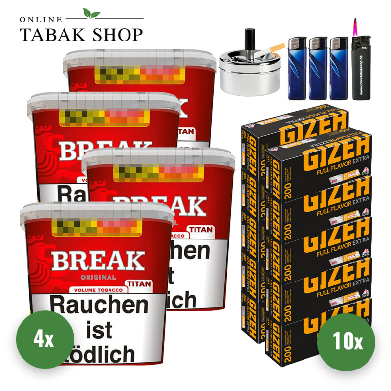 Break Original Titan (4 x 300g) + 2.000 Gizeh Full Flavor Extra Hülsen + 1 Sturmfeuerzeug + 3 Feuerzeuge + 1 Drehascher