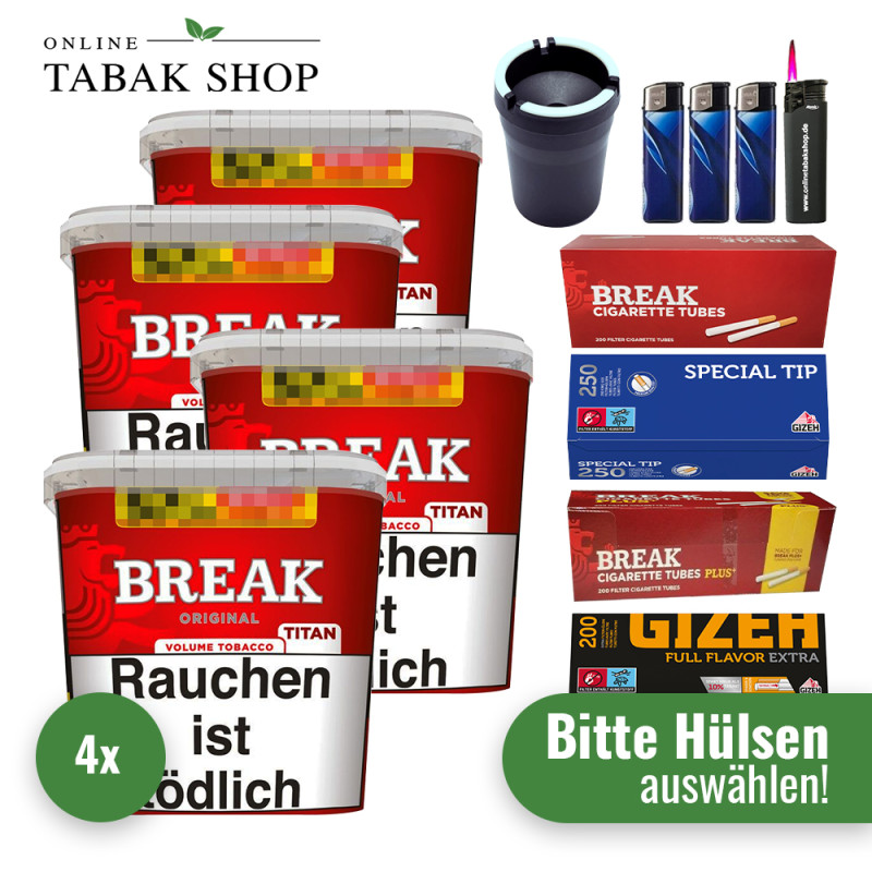 Break Original Titan (4 x 300g) + 2.000 Hülsen + 1 Sturmfeuerzeug + 3 Feuerzeuge + 1 Autoascher