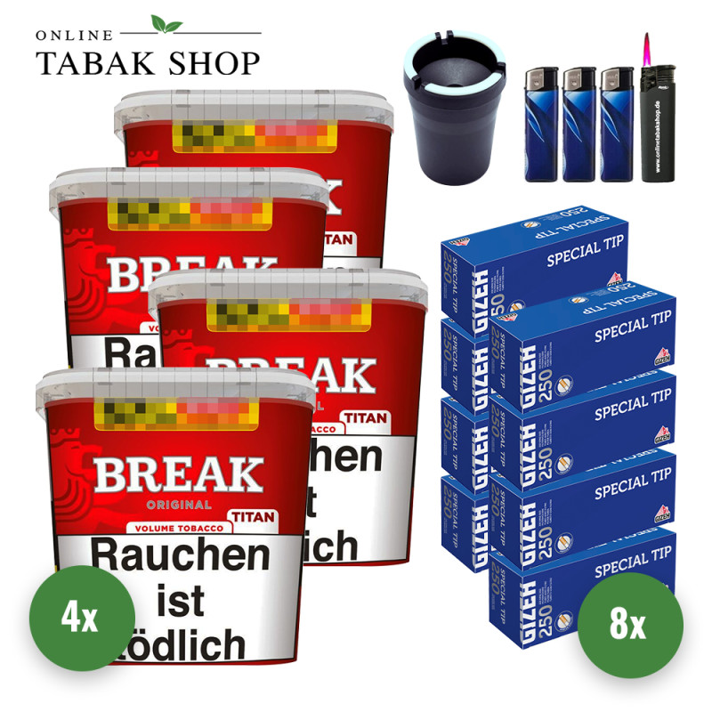 Break Original Titan (4 x 300g) + 2.000 Gizeh Special Tip Hülsen + 1 Sturmfeuerzeug + 3 Feuerzeuge + 1 Autoascher