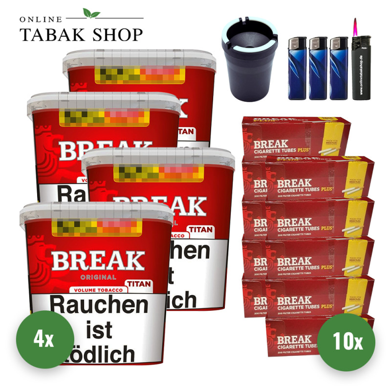Break Original Titan (4 x 300g) + 2.000 Break Plus Hülsen + 1 Sturmfeuerzeug + 3 Feuerzeuge + 1 Autoascher