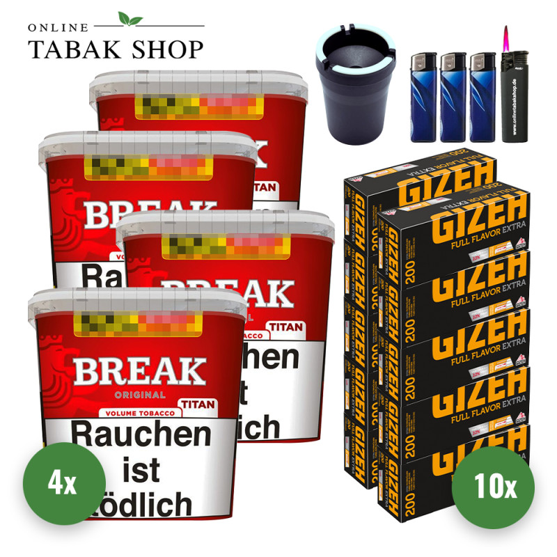 Break Original Titan (4 x 300g) + 2.000 Gizeh Full Flavor Extra Hülsen + 1 Sturmfeuerzeug + 3 Feuerzeuge + 1 Autoascher