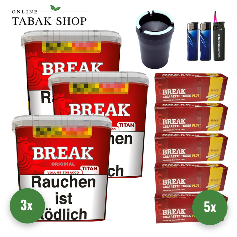 Break Original Titan (3 x 300g) + 1.000 Break Plus Hülsen + 1 Sturmfeuerzeug + 2 Feuerzeuge + 1 Autoascher
