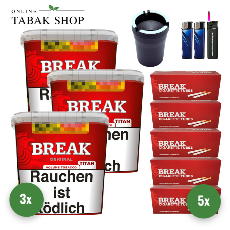 Break Original Titan (3 x 300g) + 1.000 Break Hülsen + 1 Sturmfeuerzeug + 2 Feuerzeuge + 1 Autoascher