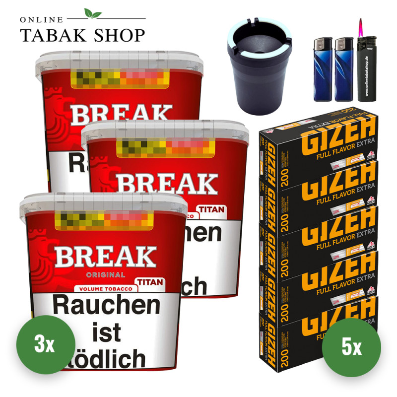 Break Original Titan (3 x 300g) + 1.000 Gizeh Full Flavor Extra Hülsen + 1 Sturmfeuerzeug + 2 Feuerzeuge + 1 Autoascher