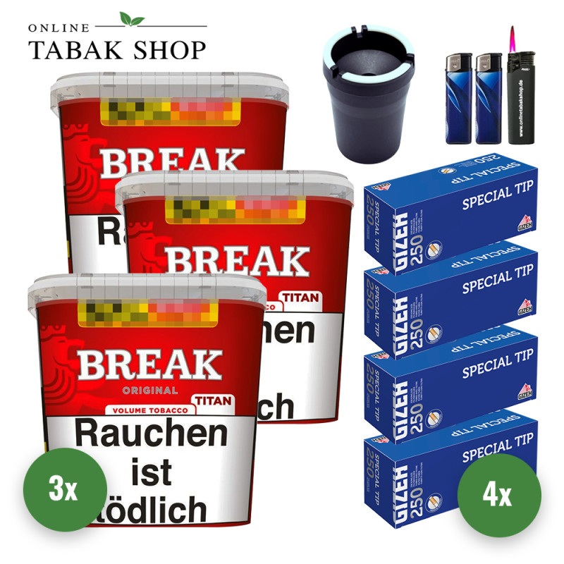 Break Original Titan (3 x 300g) + 1.000 Gizeh Special Tip Hülsen + 1 Sturmfeuerzeug + 2 Feuerzeuge + 1 Autoascher