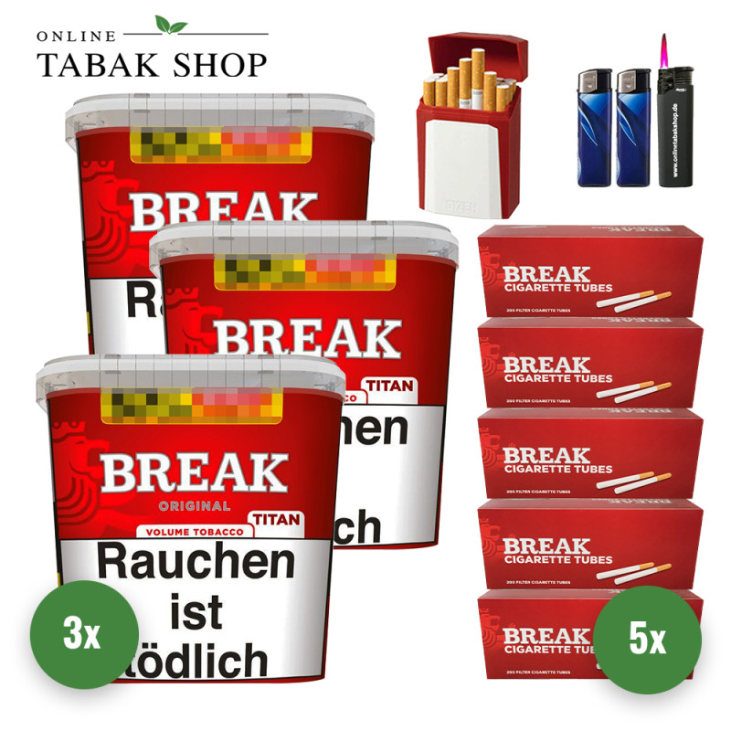 Break Original Titan (3 x 300g) + 1.000 Break Hülsen + 1 Sturmfeuerzeug + 2 Feuerzeuge + 1 Gizeh Etui