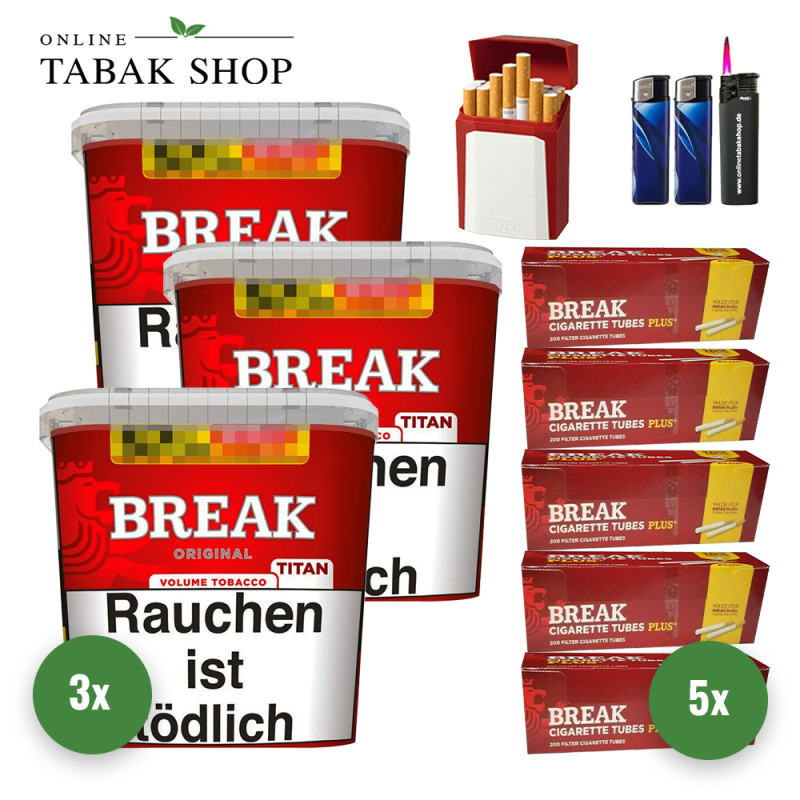 Break Original Titan (3 x 300g) + 1.000 Break Plus Hülsen + 1 Sturmfeuerzeug + 2 Feuerzeuge + 1 Gizeh Etui