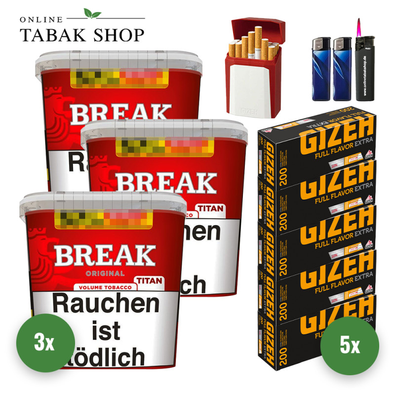 Break Original Titan (3 x 300g) + 1.000 Gizeh Full Flavor Extra Hülsen + 1 Sturmfeuerzeug + 2 Feuerzeuge + 1 Gizeh Etui