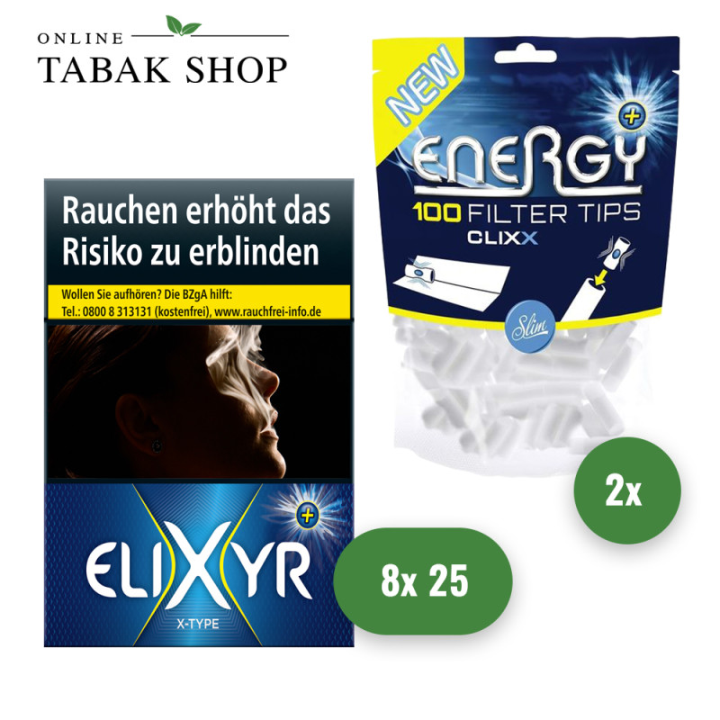 Elixyr+ X-Type Zigaretten (8 x 25er) + Energy+ CLIXX Filter Tips (2 x 100er)