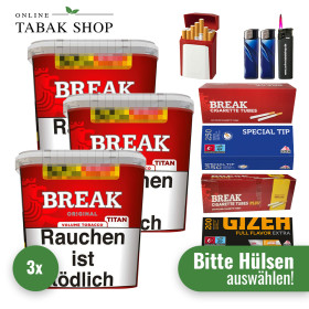 3x Break Original Titan 300g + 1000 Hülsen + 1 Sturmfeuerzeug + 2 Feuerzeuge + 1 Gizeh Etui