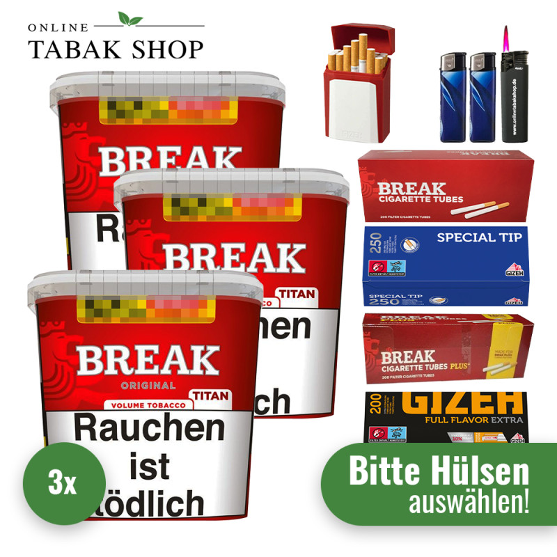 Break Original Titan (3 x 300g) + 1.000 Hülsen + 1 Sturmfeuerzeug + 2 Feuerzeuge + 1 Gizeh Etui