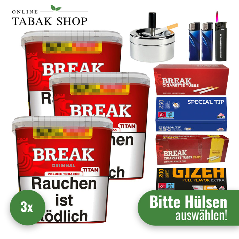 Break Original Titan (3 x 300g) + 1.000 Hülsen + 1 Sturmfeuerzeug + 2 Feuerzeuge + 1 Drehascher