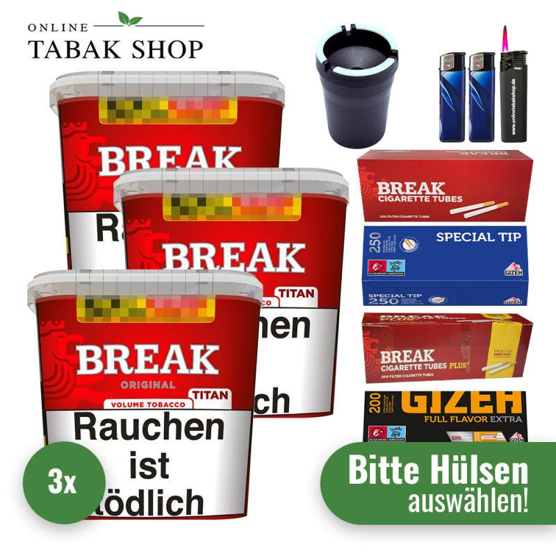 Break Original Titan (3 x 300g) + 1.000 Hülsen + 1 Sturmfeuerzeug + 2 Feuerzeuge + 1 Autoascher
