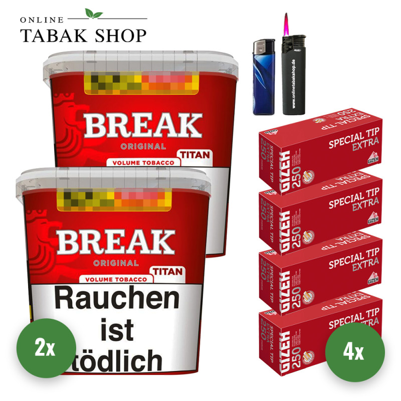 Break Original Titan (2 x 300g) + 1.000 Gizeh Special Tip Extra Hülsen + 1 Sturmfeuerzeug + 1 Feuerzeug